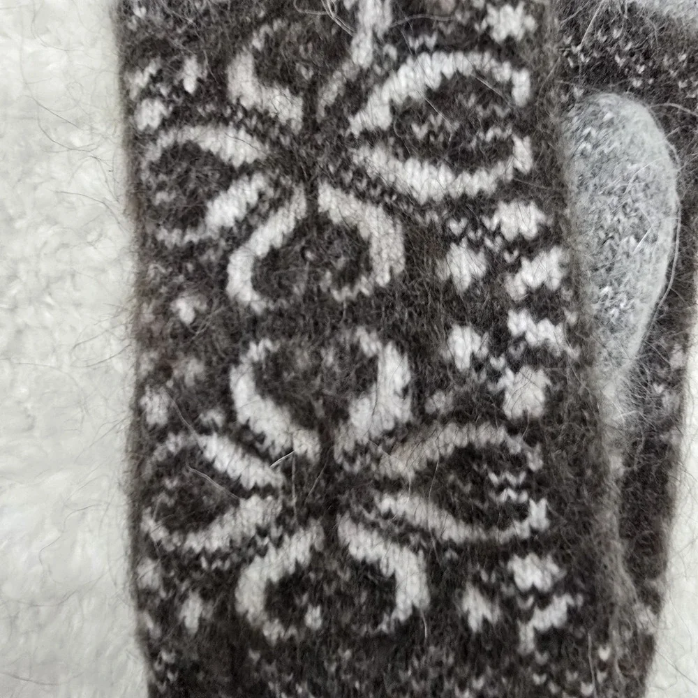 Handmade Goat Down Mittens Grey Brown Flower Pattern‎ Winter Warm Hand Knitted